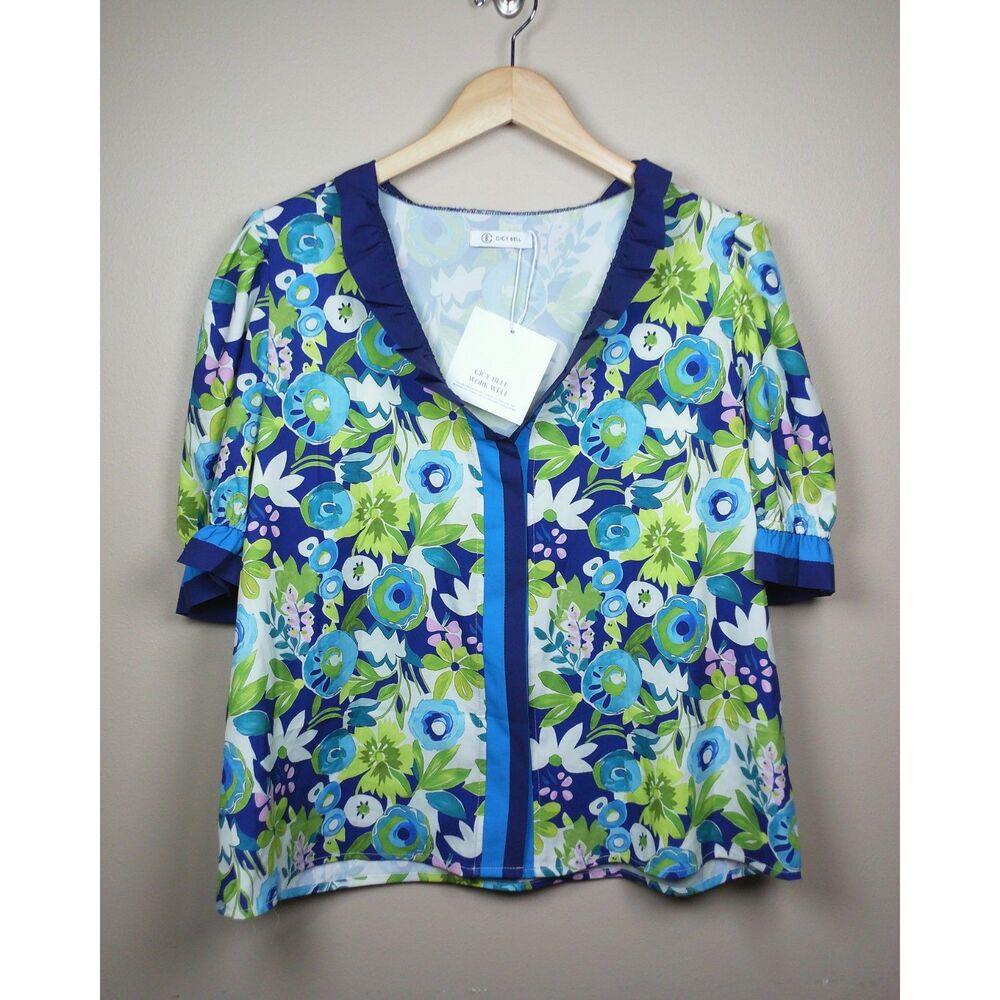 Cicy Bell XL Floral Blouse Blue Green Ruffle V Neck Puff Elbow Sleeve Boho NWT - Picture 2 of 13